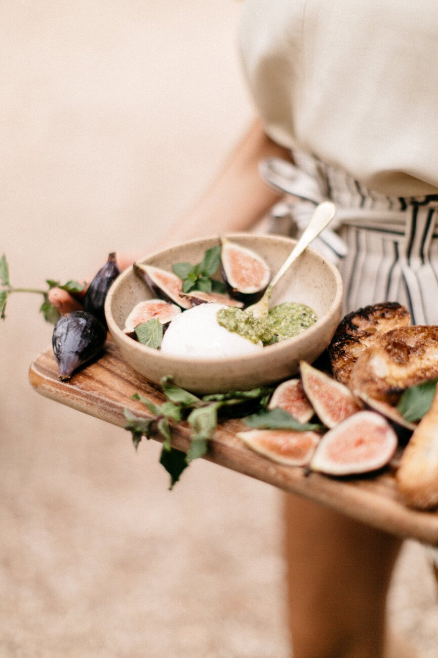 burrata, fig, and pesto appetizer