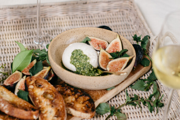 burrata, fig, and pesto appetizer