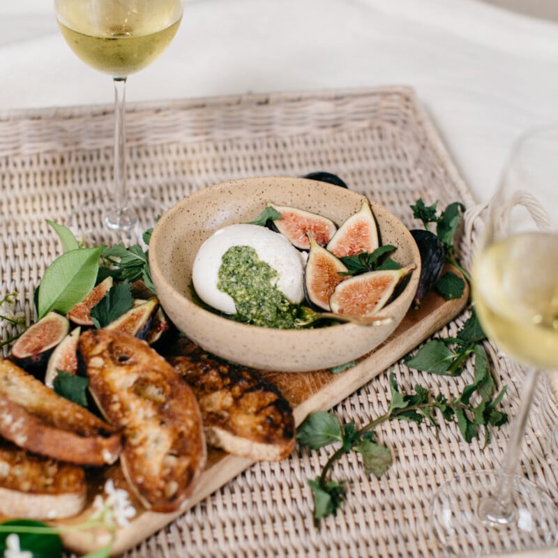 burrata, fig, and pesto appetizer