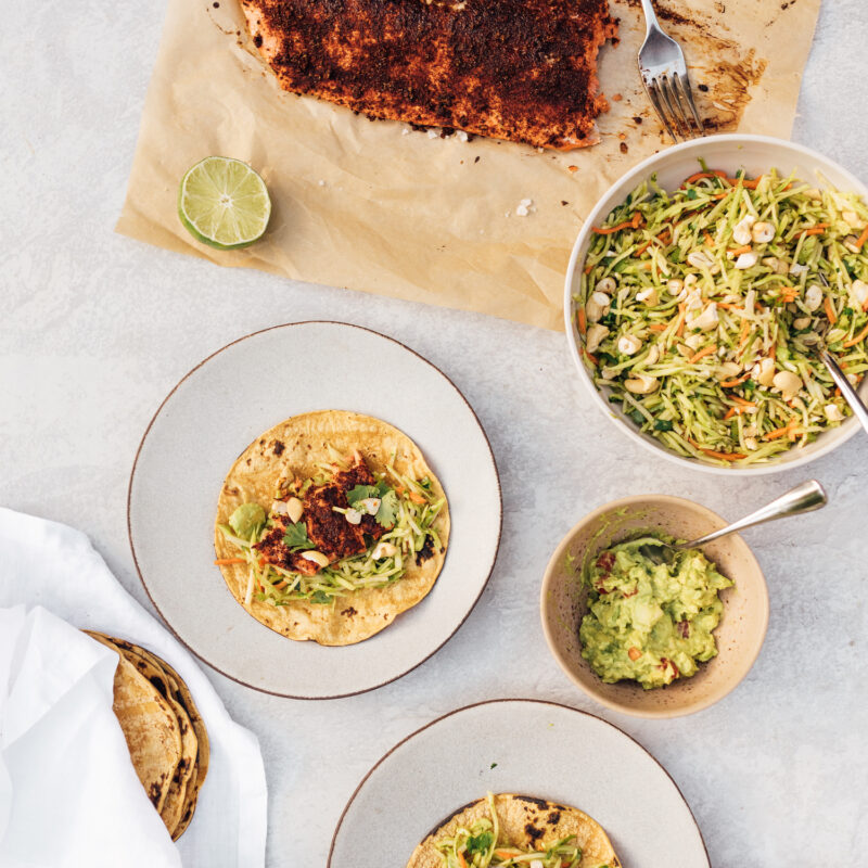 chili rubbed salmon with broccoli slaw_easy salmon tacos