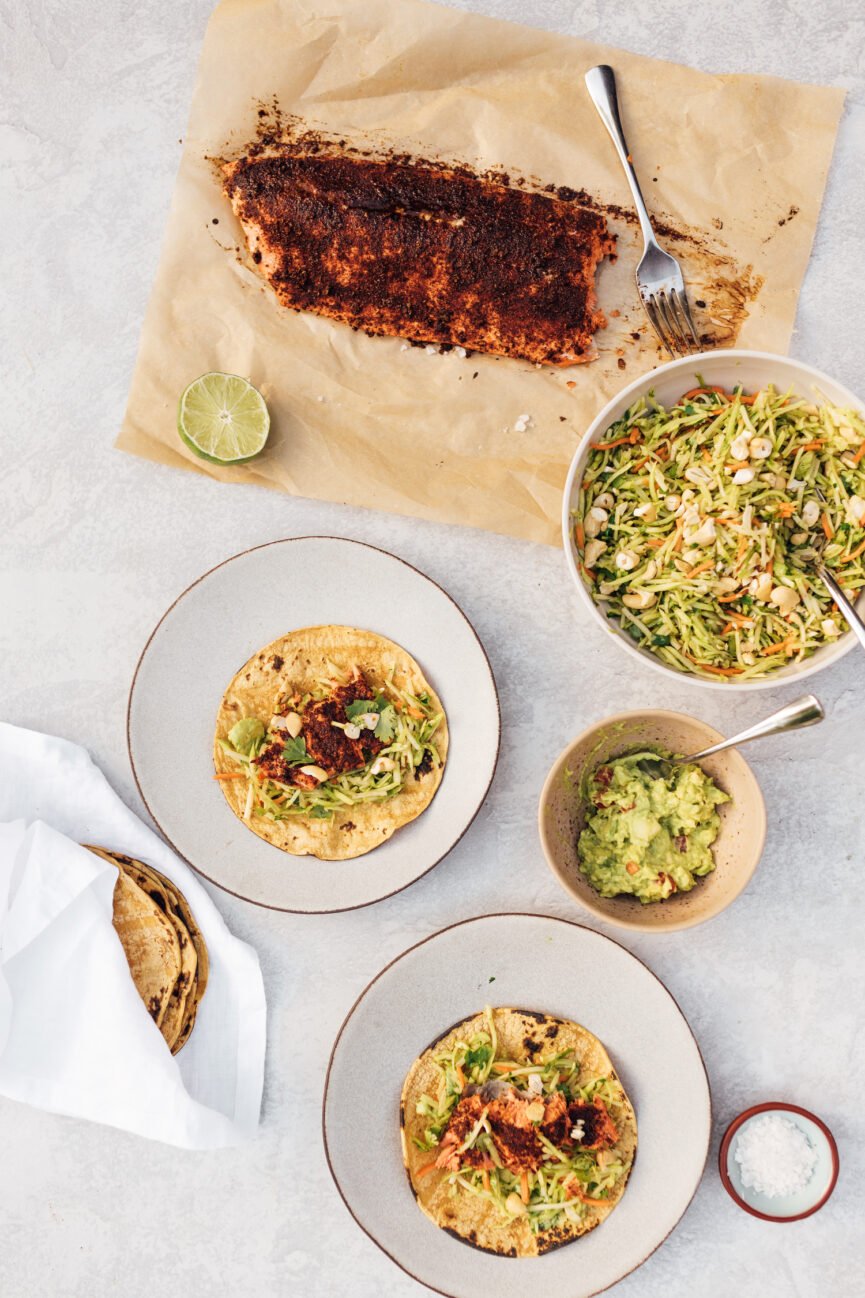 easy salmon tacos with broccoli slaw and sides