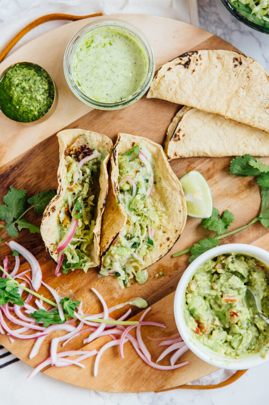 chimichurri fish tacos plated