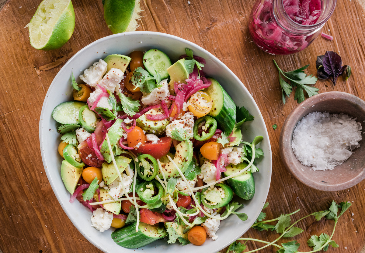 tomato, avocado, & cucumber salad with feta - simple summer salad recipe