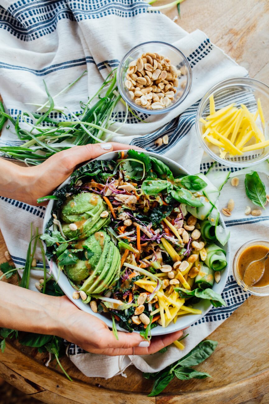 thai chicken salad in bowl mixed