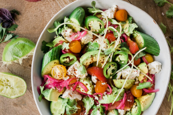 tomato, avocado, cucumber salad