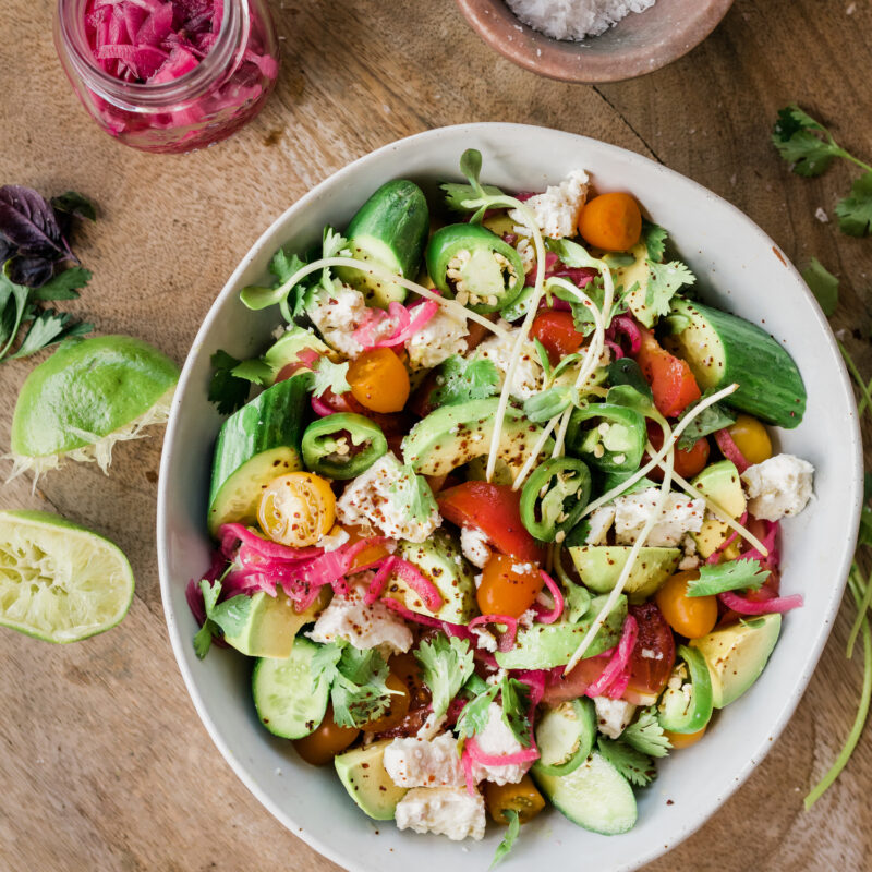 tomato, avocado, cucumber salad