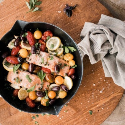 mediterranean baked salmon with tomatoes, capers, and olives