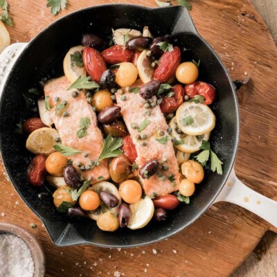 mediterranean baked salmon with tomatoes, capers, and olives