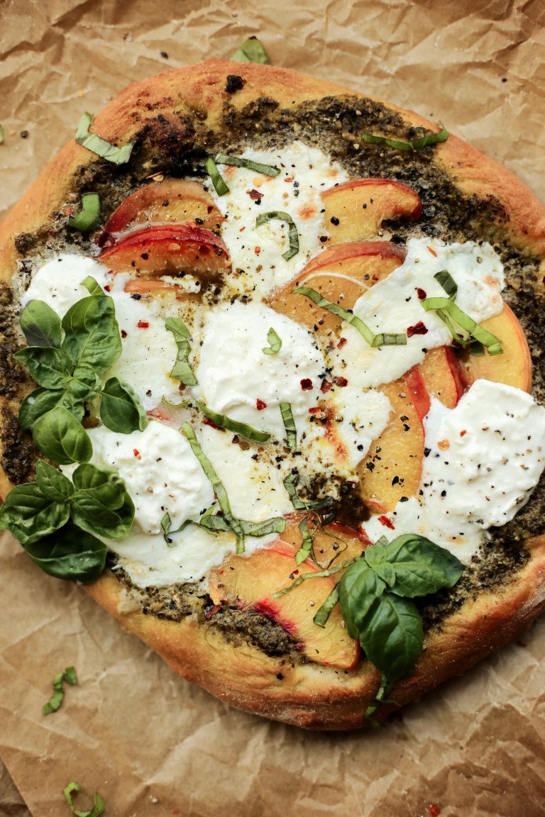 peach, basil, pesto, burrata, and balsamic pizza