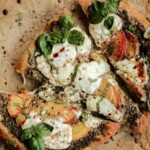 peach, basil, pesto, burrata, and balsamic pizza