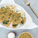 pistachio crusted halibut on serving platter