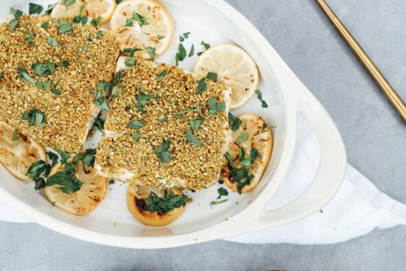 pistachio crusted halibut on serving platter
