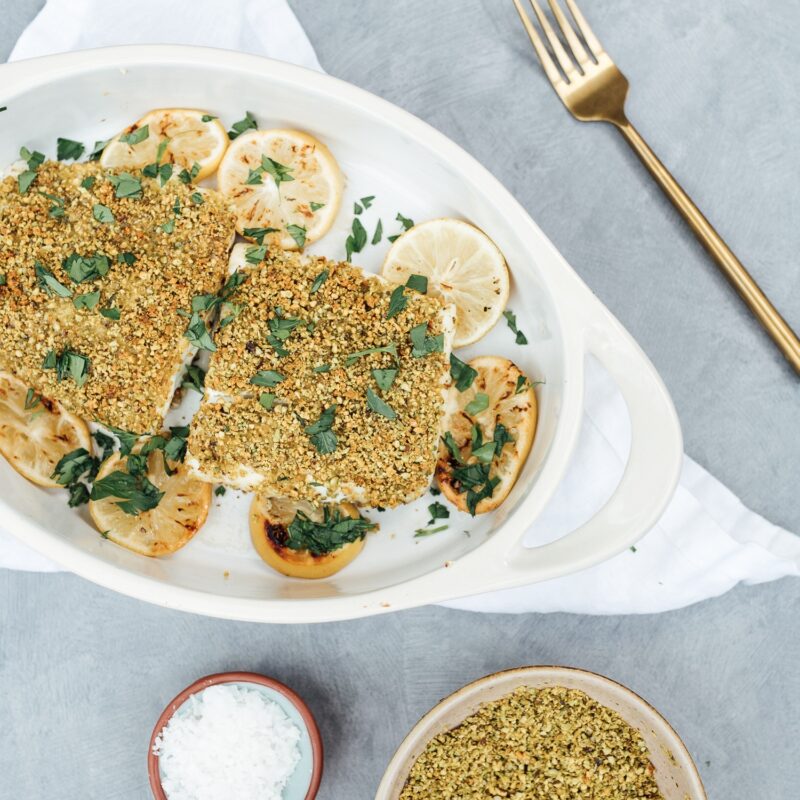 pistachio crusted halibut on serving platter