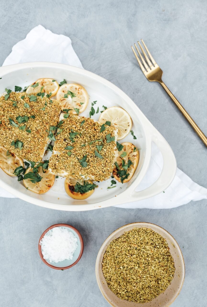 pistachio crusted halibut on serving platter