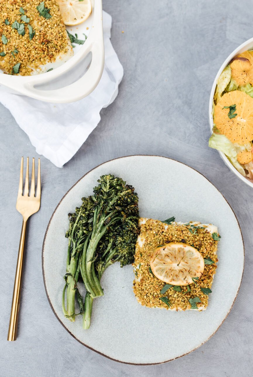 pistachio crusted halibut plated