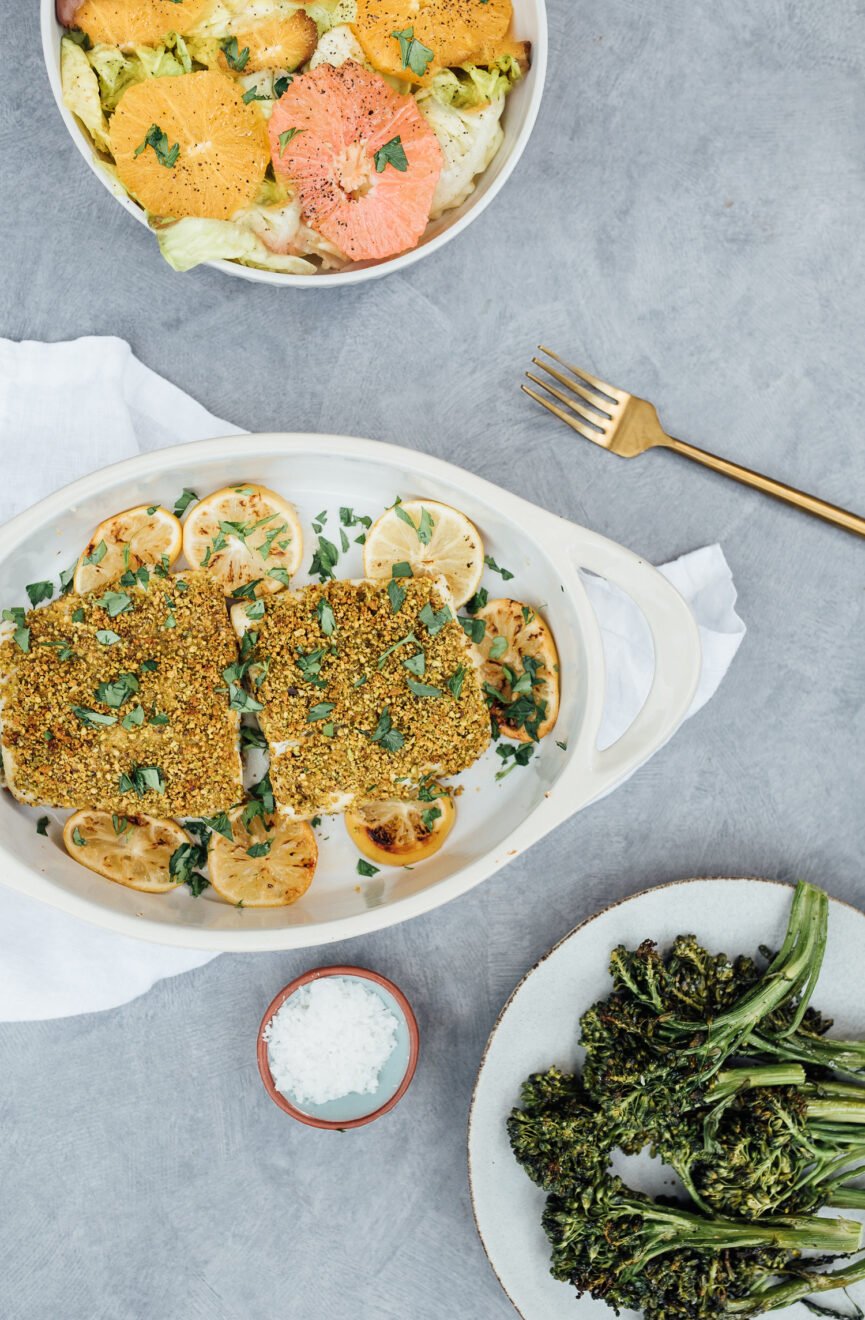 pistachio crusted halibut with sides