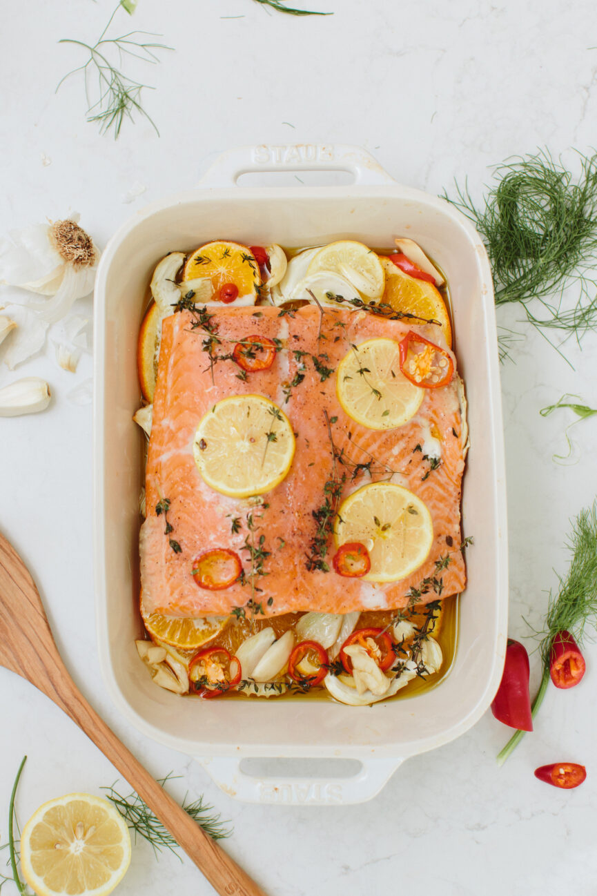 easy slow baked salmon in baking dish