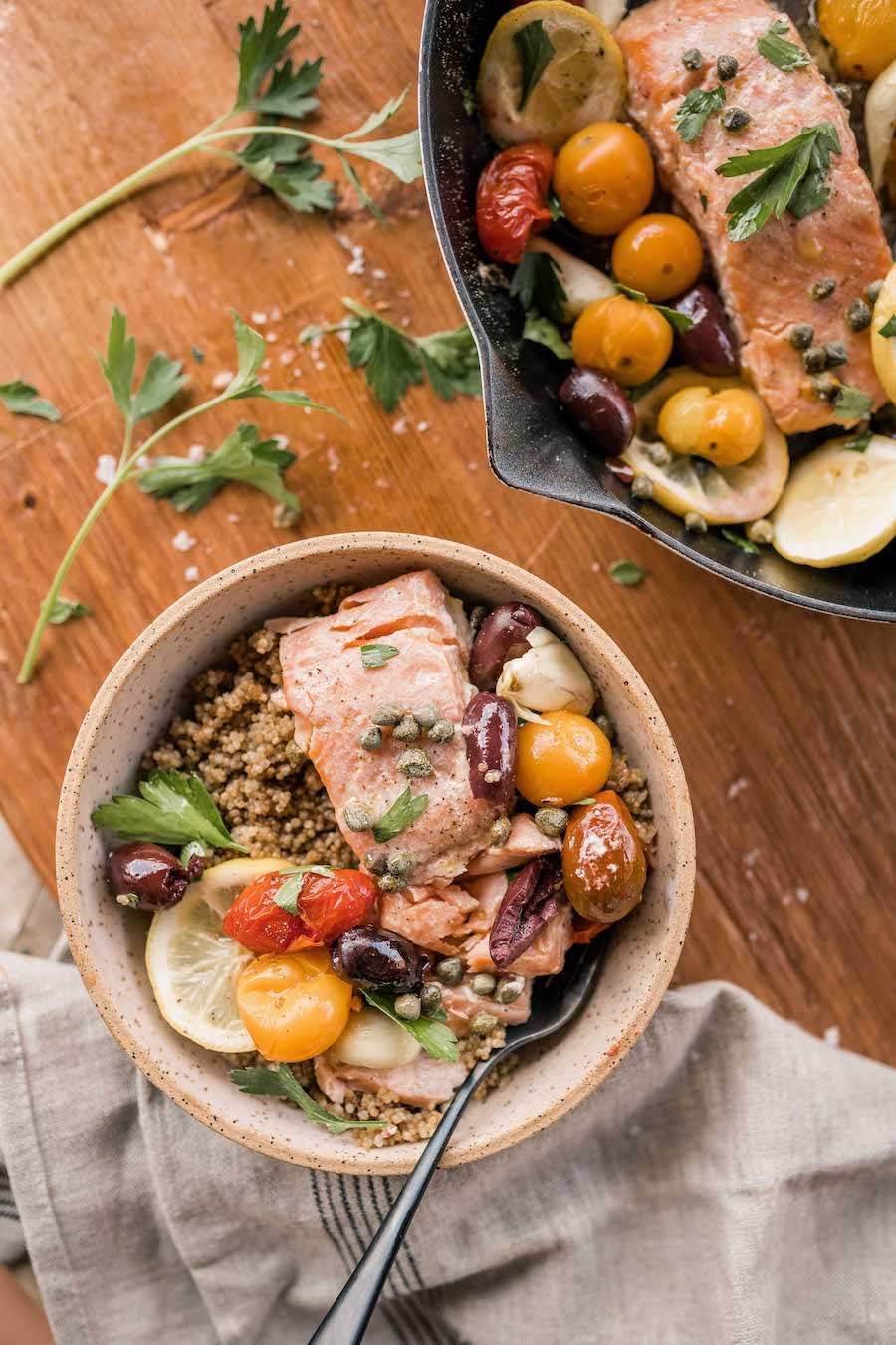 mediterranean baked salmon with tomatoes, capers, and olives