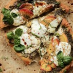 peach pesto balsalmic and burrata pizza