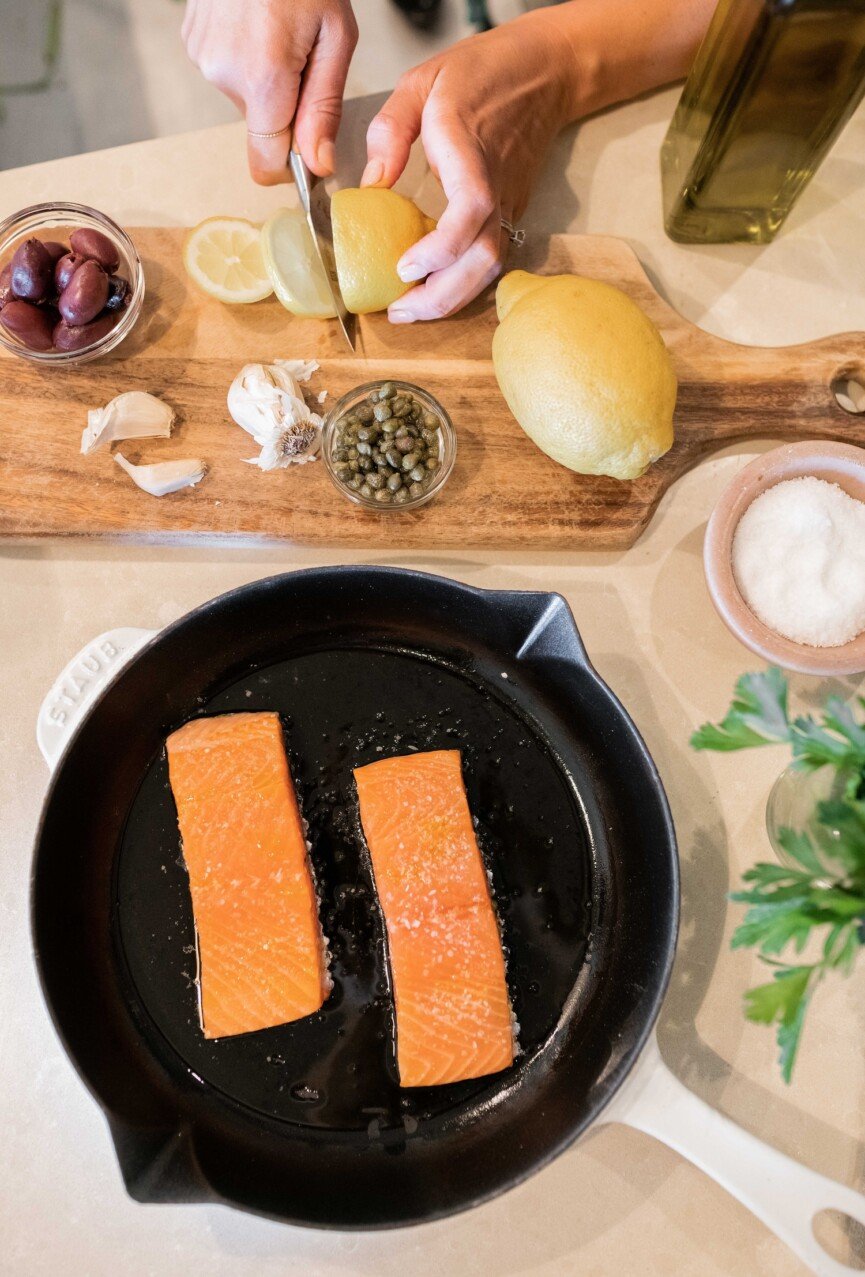 salmon filets in pan