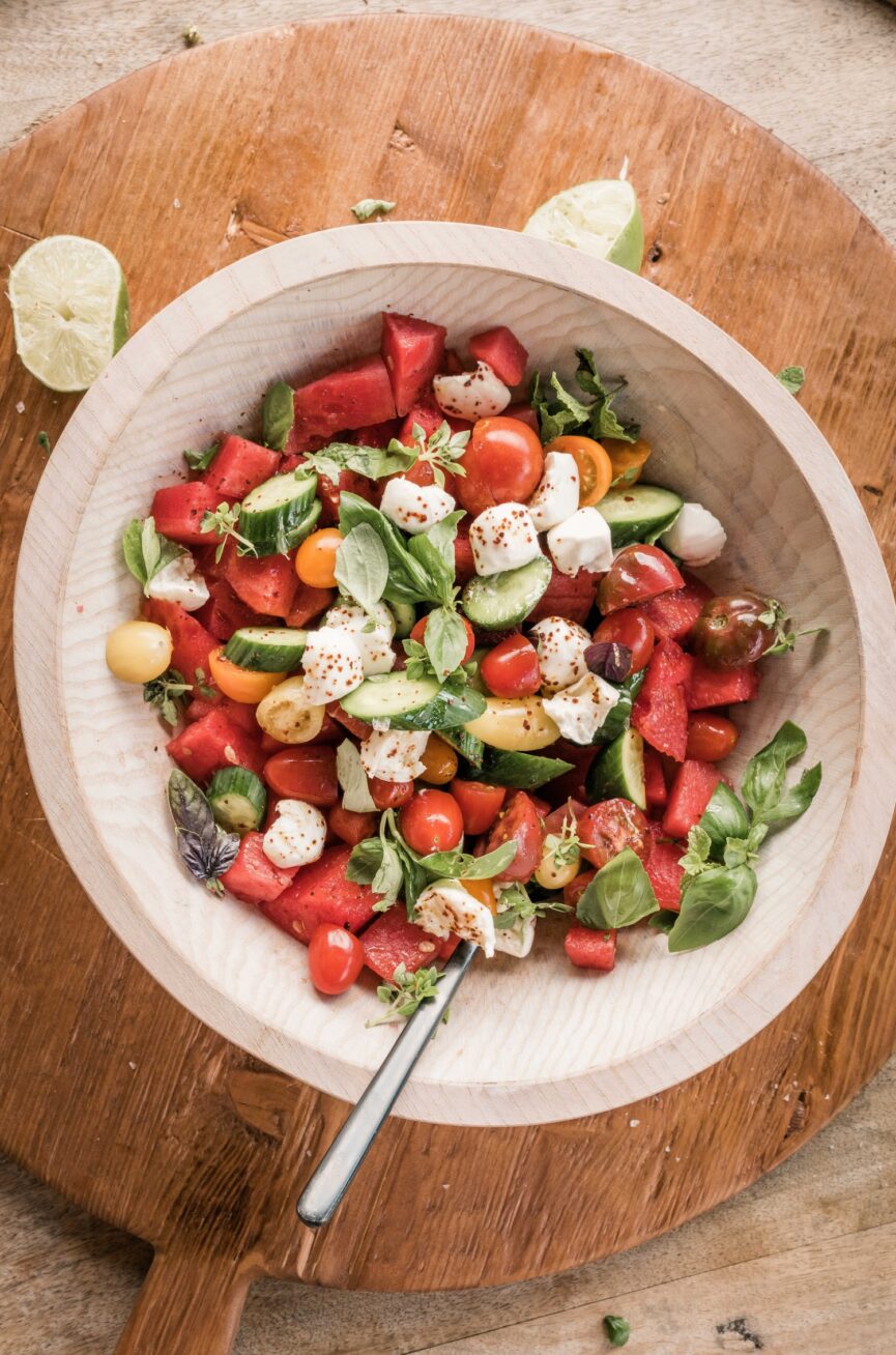 watermelon tomato caprese salad assembled