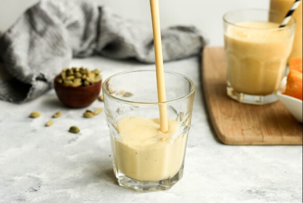 salty mango lassi - a refreshing summer drink with mango, black salt, yogurt, and cardamom