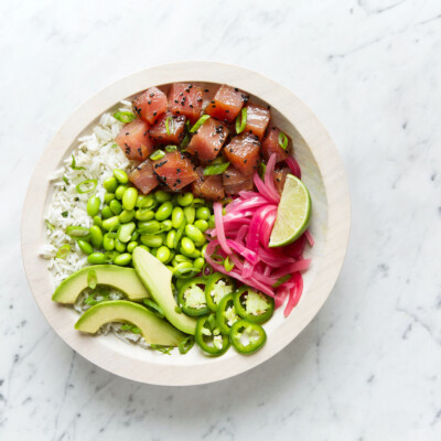 aloha poke bowl, honest mary's, ahi tuna poke bowl