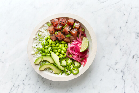 aloha poke bowl, honest mary's, ahi tuna poke bowl