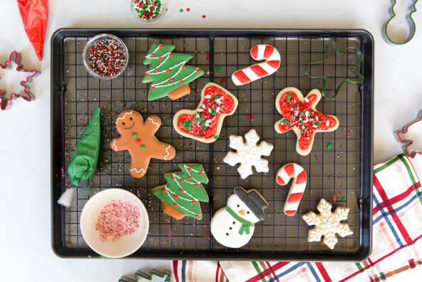 cute decorated christmas cookies - christmas tree, stocking, candy cane, snowman, snowflake