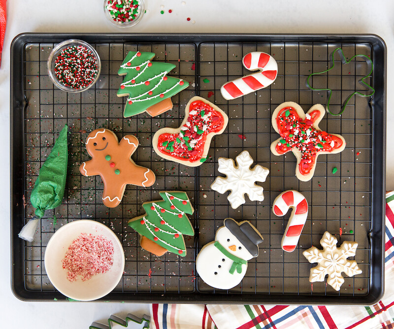 cute decorated christmas cookies - christmas tree, stocking, candy cane, snowman, snowflake