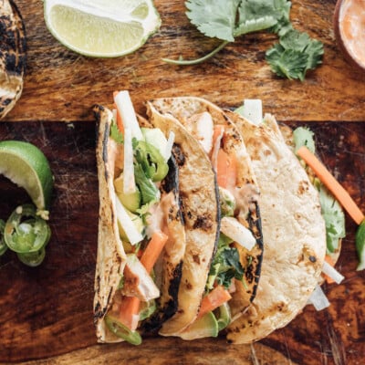 Lime-y Chicken Tacos with Jicama, Mint, Carrots, and Chipotle Aioli inspired by the El Santo Taco at Fresas in Austin