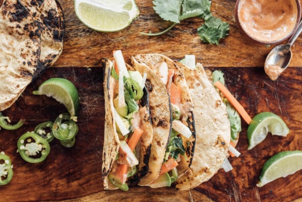Lime-y Chicken Tacos with Jicama, Mint, Carrots, and Chipotle Aioli inspired by the El Santo Taco at Fresas in Austin