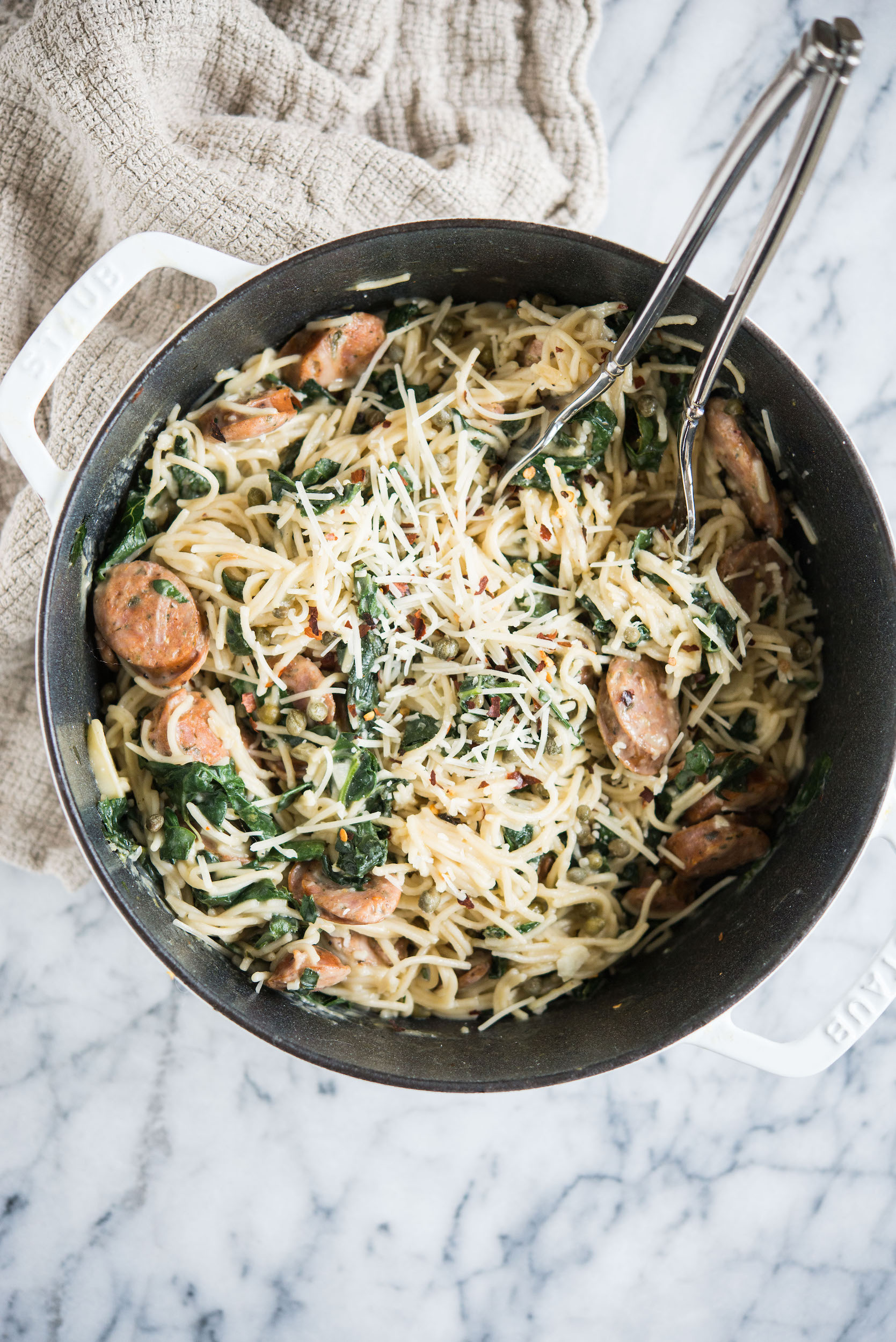 one pot pasta with kale and sausage from fed and fit