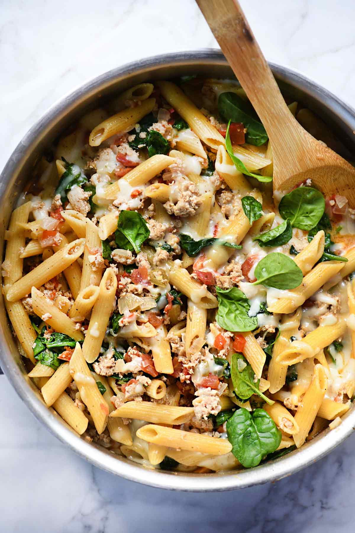 penne pasta with turkey and spinach from foodie crush