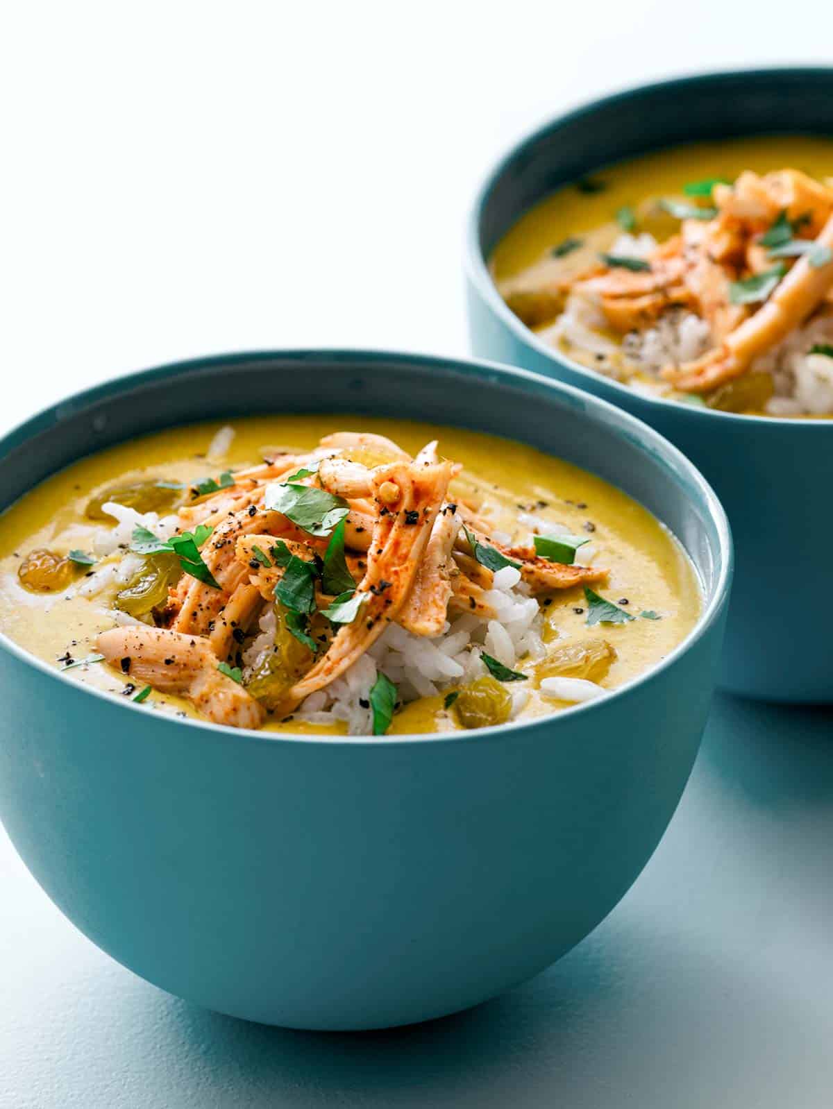 chicken mulligatawny soup from spoon fork bacon