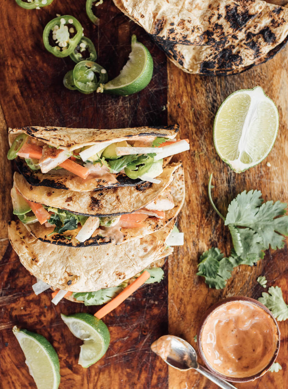 Lime-y Chicken Tacos with Jicama, Mint, Carrots, and Chipotle Aioli