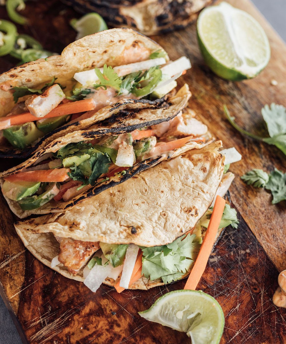 Lime-y Chicken Tacos with Jicama, Mint, Carrots, and Chipotle Aioli inspired by the El Santo Taco at Fresas in Austin