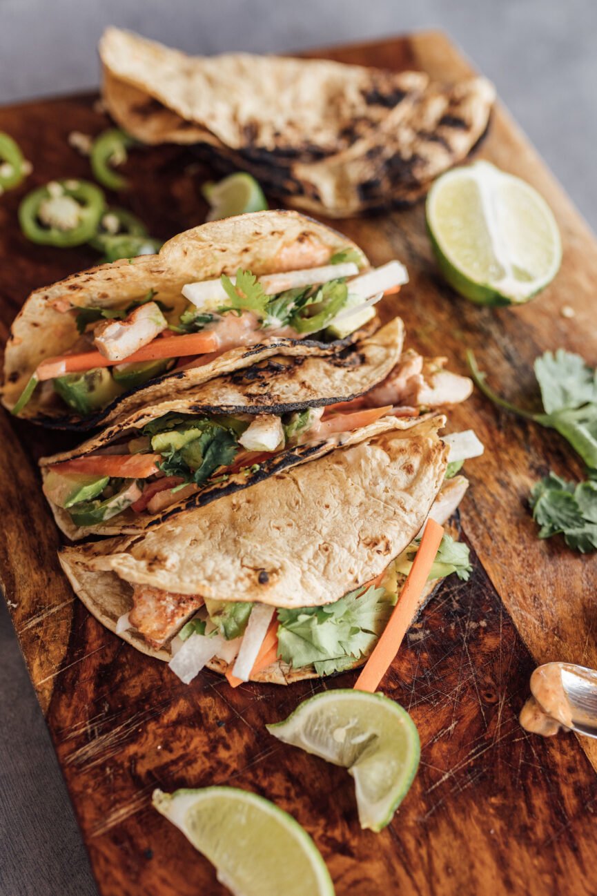 lime-y chicken tacos assembled