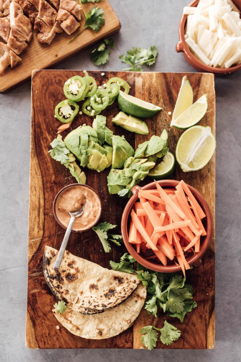 Lime-y Chicken Tacos with Jicama, Mint, Carrots, and Chipotle Aioli