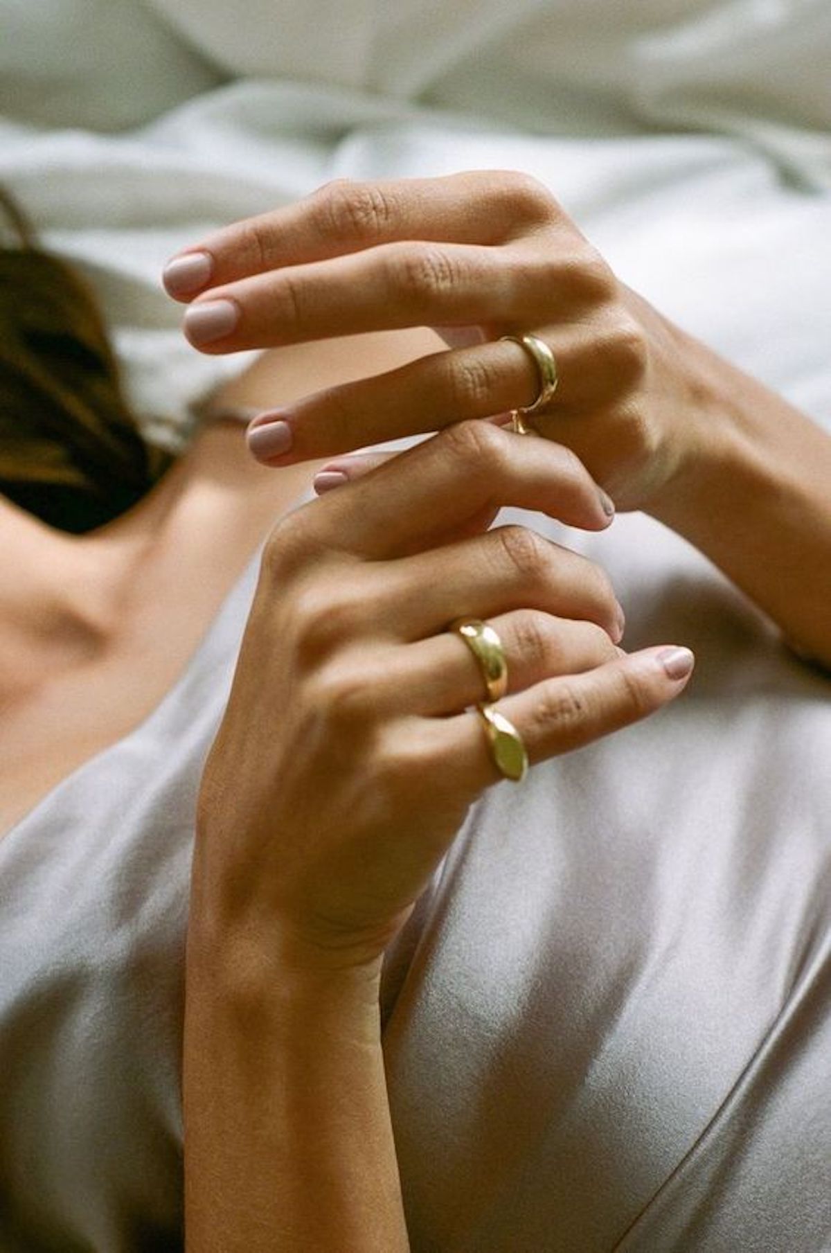 manicure, gold jewelry, hands, rings