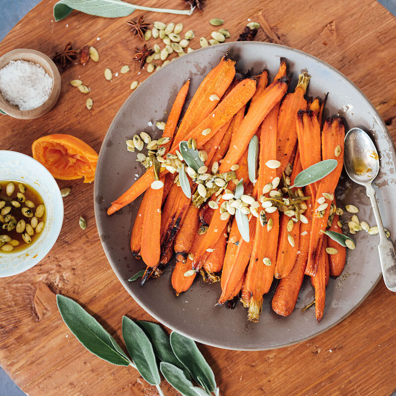 Honey Roasted Carrots with Spicy Citrus, Sage & Pepitas -easy thanksgiving side dish, honey glazed carrots