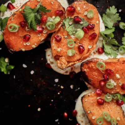 roasted sweet potato with whipped feta, pomegranate, and hot honey