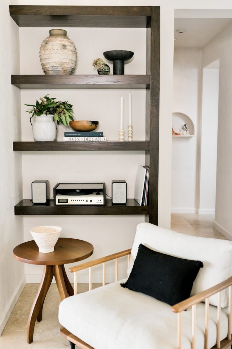 open shelves neutral living room styling ideas