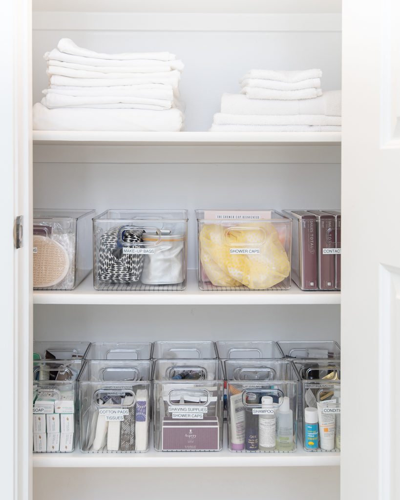 Reorganized the bathroom closet with clear labeled bins : r/organization