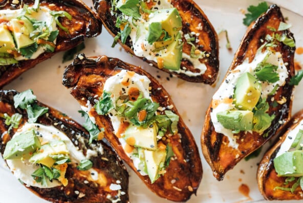 Crispy Roasted Sweet Potatoes with Yogurt, Herbs, and Everything Spice