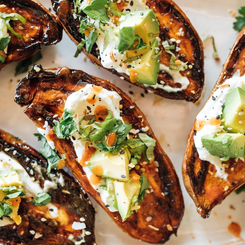 Crispy Roasted Sweet Potatoes with Yogurt, Herbs, and Everything Spice