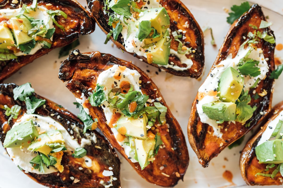 Crispy Roasted Sweet Potatoes with Yogurt, Herbs, and Everything Spice