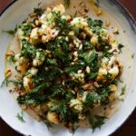 roasted cauliflower with garlic tahini, chimichurri, and dill