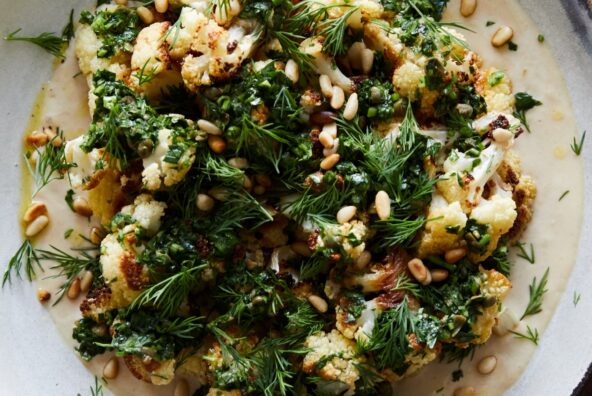 roasted cauliflower with garlic tahini, chimichurri, and dill