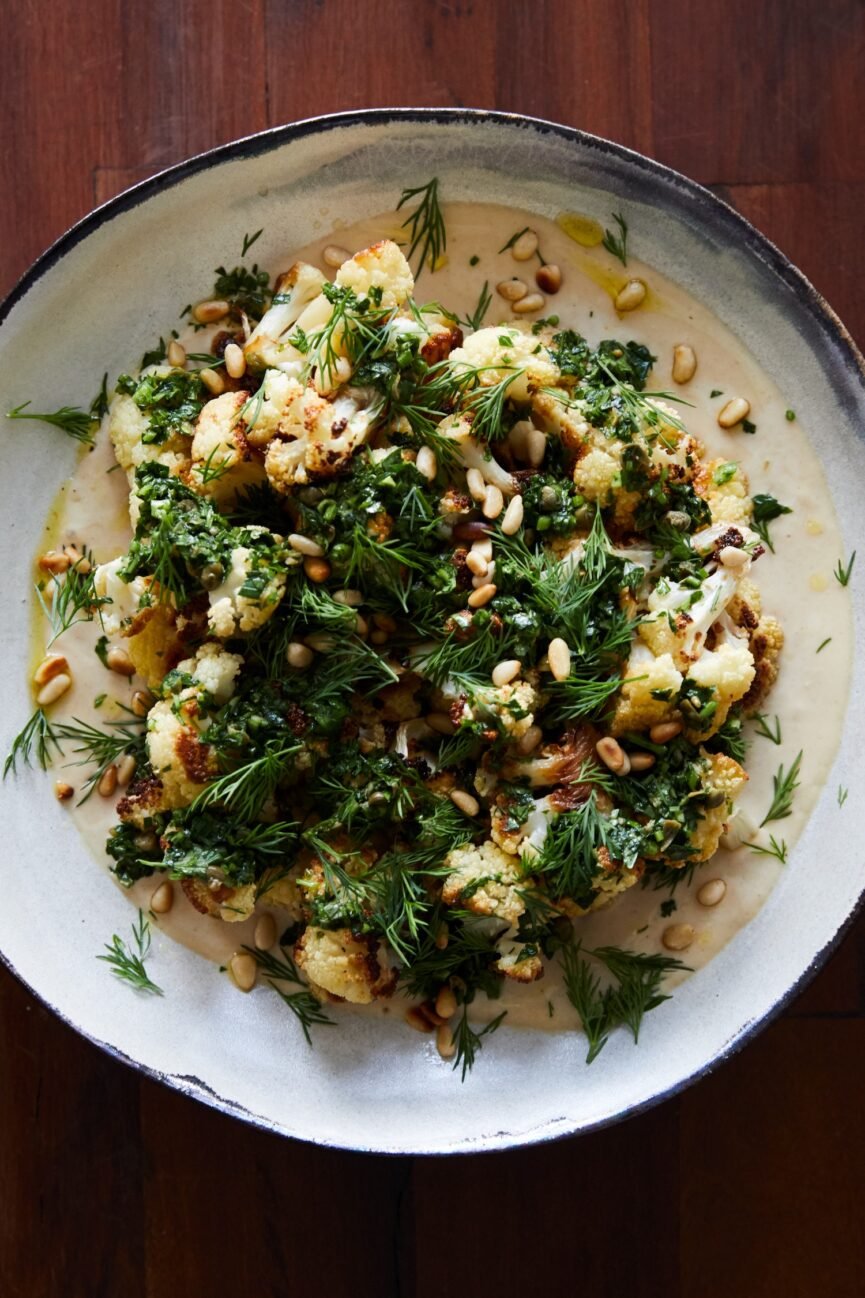 roasted cauliflower with garlic tahini, chimichurri, and dill